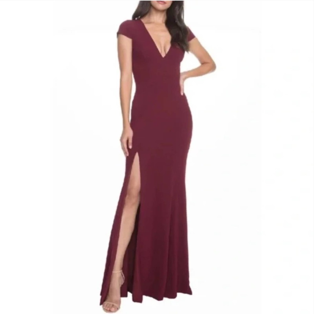 Deep V-Neck Burgundy Cap-Sleeve Evening Gown NWOT